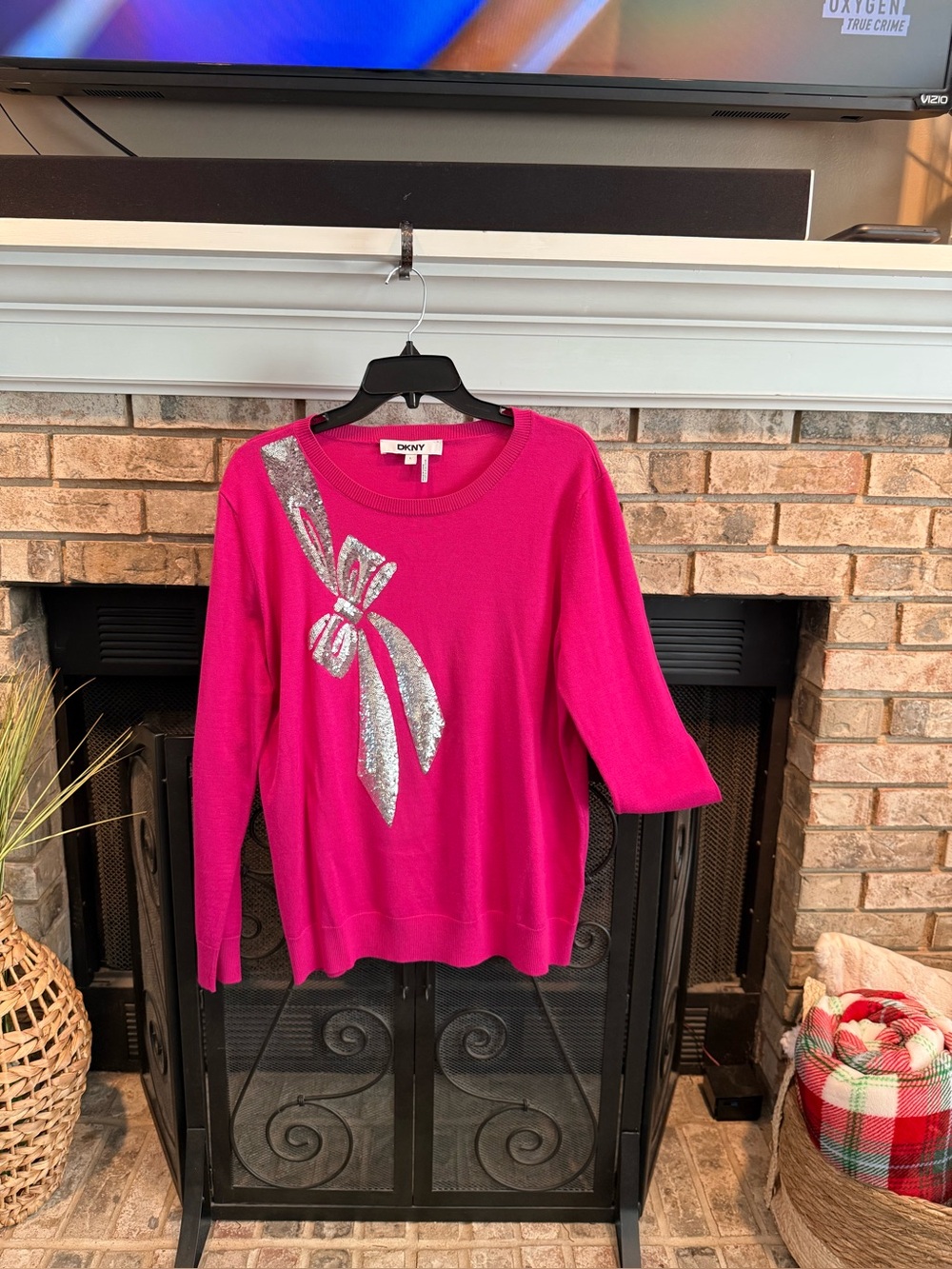 DKNY long sleeve sequin bow sweater, hot pink, Large, NWOT